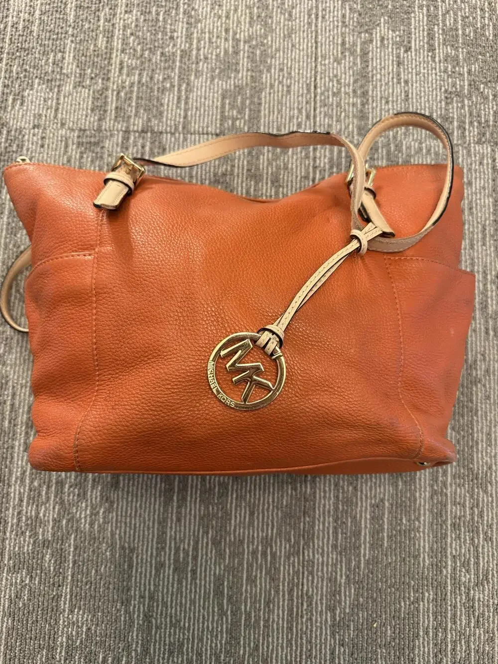 Michael Kors Pebbled Leather Tote Bag Womens Large Orange Shoulder Top Zip MK